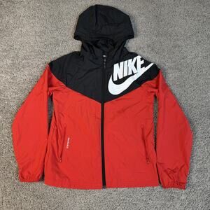 Nike Jacket Boys M Red Colorblock Windbreaker Hooded Packable Zip Logo